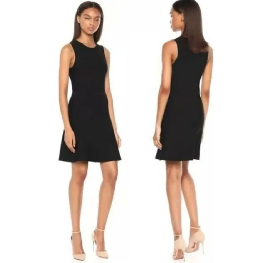 Theory Ribbed Fit & Flare Dress Sleeveless Sweater Crepe Knit Black P